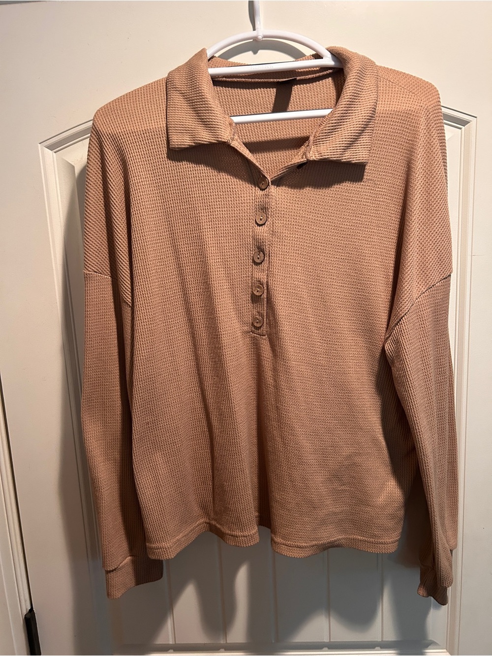 SHEIN Waffle Knit Long Sleeve Henley Top - Tan
